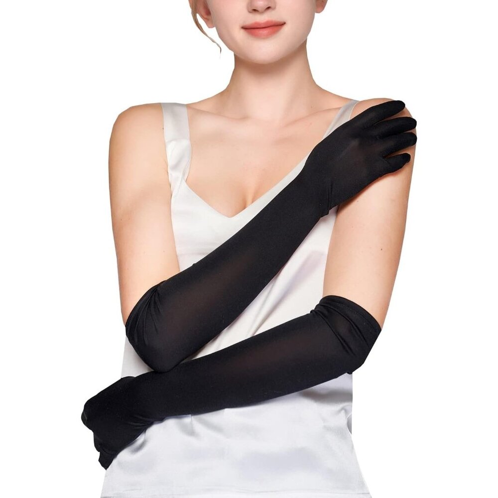 Women's Evening Black Pure Silk Elbow Length Satin Long Gloves Opera Party Prom - Picture 2 of 5
